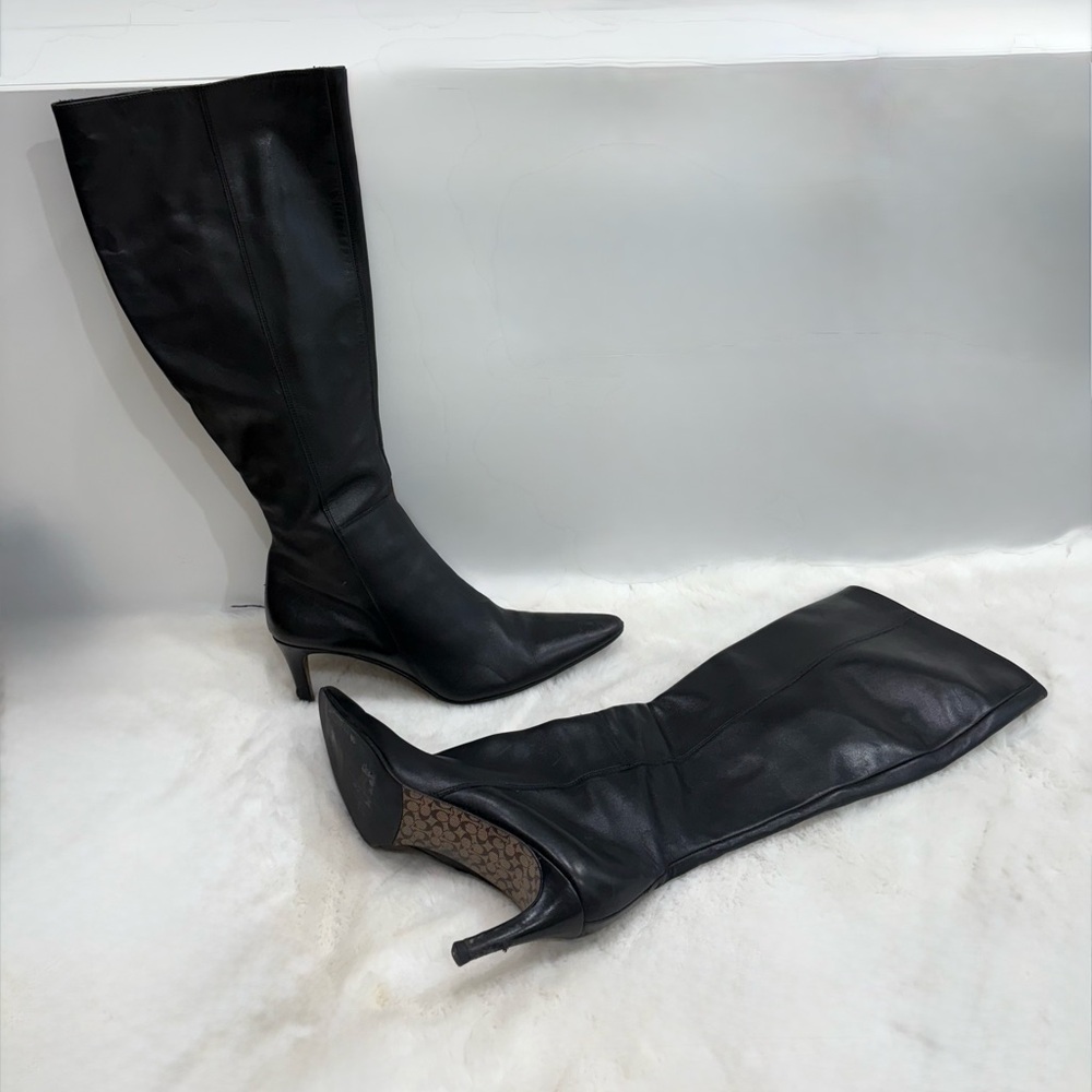 Coach Black Leather Knee-High Boots Pointed Toe Kitten Heel- 3in Size 9 1/2